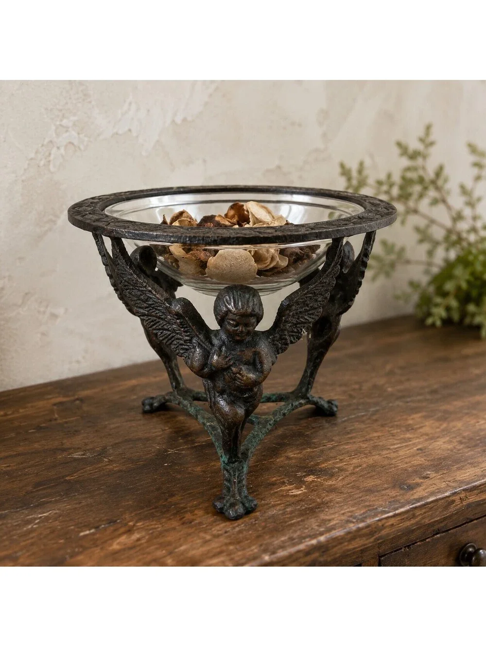 Vintage Brass or Bronze Angel Bowl Stand Verdigris Tripod Pedestal